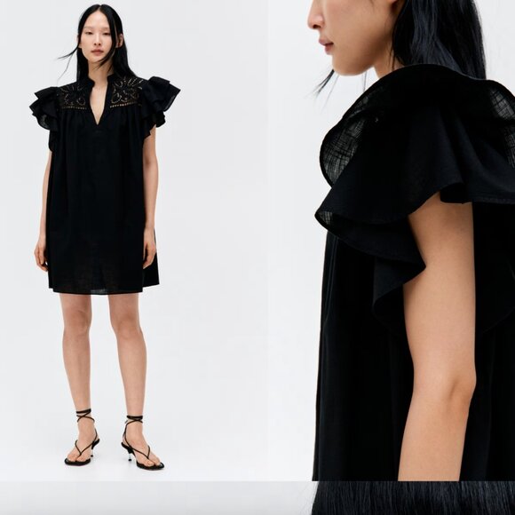 NWOT! H&M Flutter Sleeve Dress with Eyelet Embroidery in Black - S - Picture 3 of 6